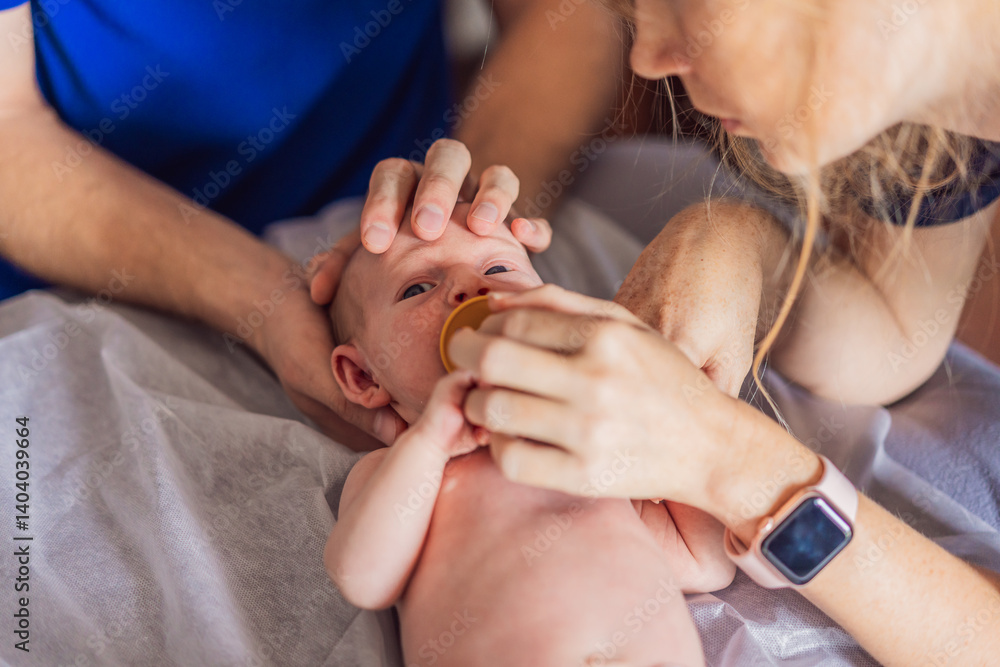 A newborn baby receives gentle osteopathic care, lying calmly while the specialist carefully examines and adjusts the infant. A moment of professional pediatric care, early development, and holistic