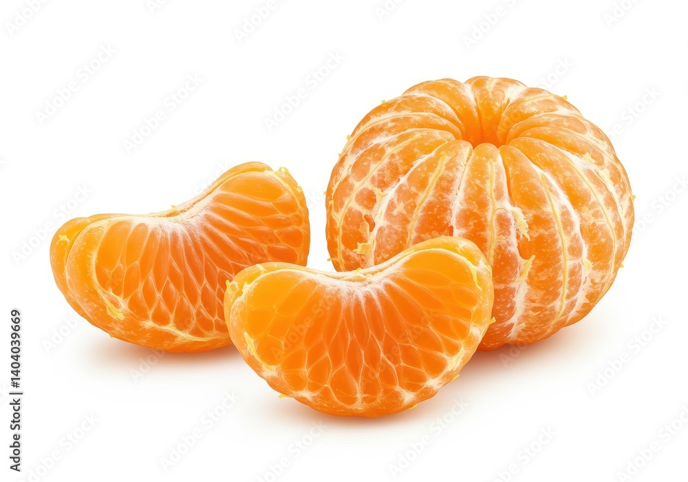 Two fully peeled mandarins showing juicy segments and fibrous membrane isolated on white background Two fully peeled mandarins showing juicy segments and fibrous membrane isolated on white background