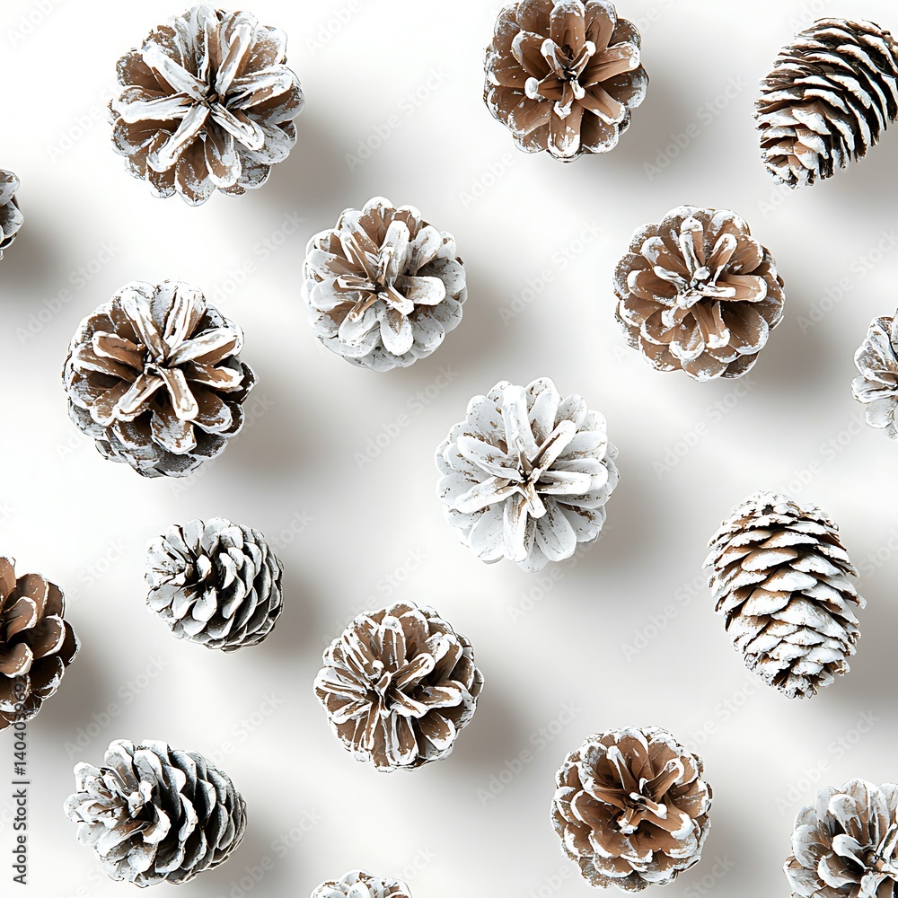 Fototapeta premium Snow-Dusted Pine Cones on White Background for Seasonal Decor
