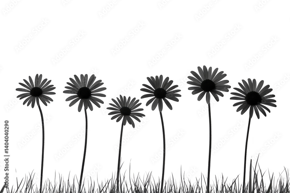 Obraz premium row of silhouetted daisies stands tall against plain background, creating simple yet striking floral design. black and white contrast highlights delicate petals and slender stems