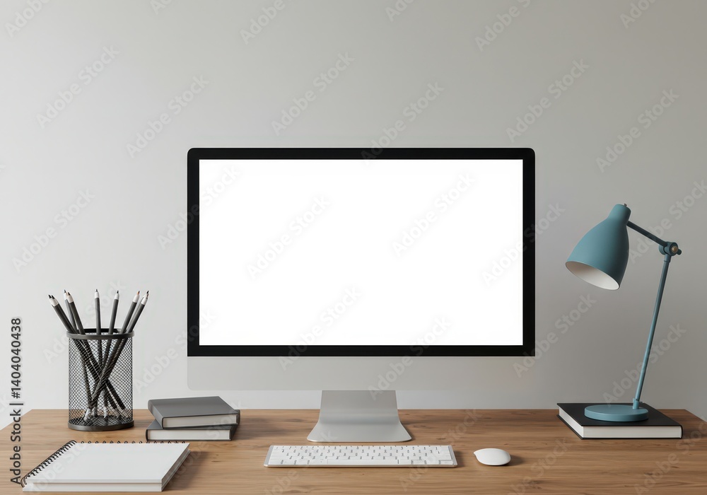 Modern workspace with blank computer screen on wooden desk, blue desk lamp, notebook, keyboard and pencil holder. Home office mockup for design presentation with copy space. Modern workspace with blank computer screen on wooden desk, blue desk lamp, notebook, keyboard and pencil holder. Home office mockup for design presentation with copy space.