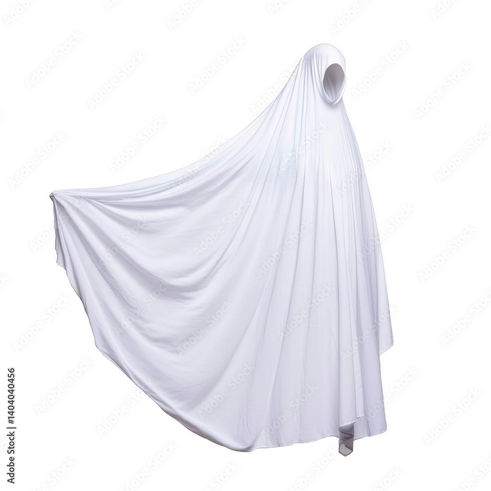 person is covered in flowing white sheet, resembling ghostly figure. fabric drapes elegantly, creating mysterious and ethereal appearance. background is plain, emphasizing figure person is covered in flowing white sheet, resembling ghostly figure. fabric drapes elegantly, creating mysterious and ethereal appearance. background is plain, emphasizing figure
