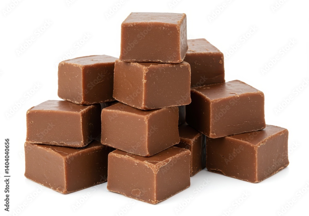 Pile of small square chocolate fudge pieces with smooth, rich texture and glossy surface isolated on white background Pile of small square chocolate fudge pieces with smooth, rich texture and glossy surface isolated on white background