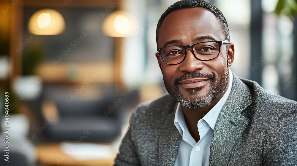 Fototapeta premium Confident Mature African American Businessman Portrait Professional Stylish Gray Jacket Office Background male wear beard model 