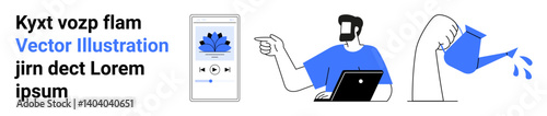Smartphone with playlist, user pointing while using laptop, watering can nurturing growth. Ideal for communication, content creation, business, education, app design innovation technology. Flat