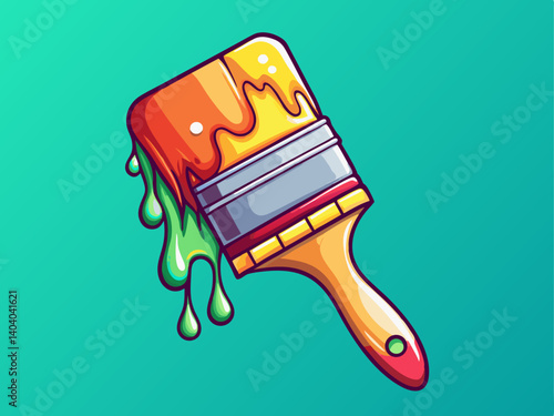 A professional vector of a dipped paintbrush dripping color, placed on a soft teal background, high-resolution and artistic design