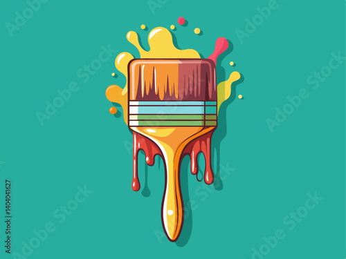 A professional vector of a dipped paintbrush dripping color, placed on a soft teal background, high-resolution and artistic design