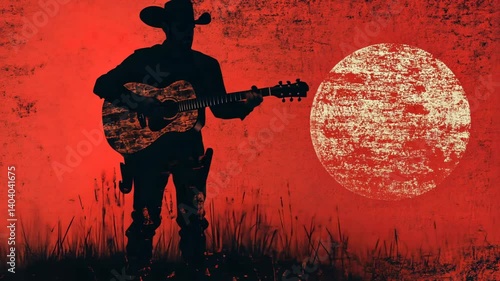 Guitarist Playing Rock Music in Cartoon Style with Cowboy Hat and Farm Background