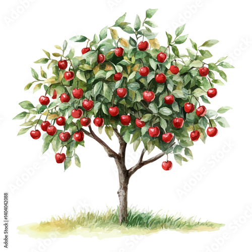 watercolor of Cherry Tree With Ripe Fruit, vector, isolated on a white background.