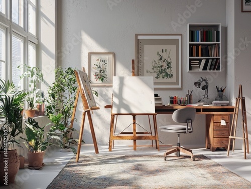 Bright artist s studio with natural light. Plants and wooden easels create a creative workspace  perfect for painting and drawing. Relaxing.