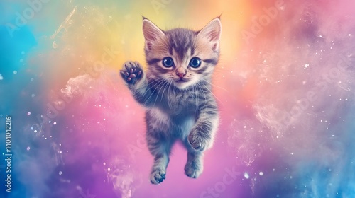 Cute tabby kitten waving paw on colorful background adorable pet animal domestic feline kitty cat friend