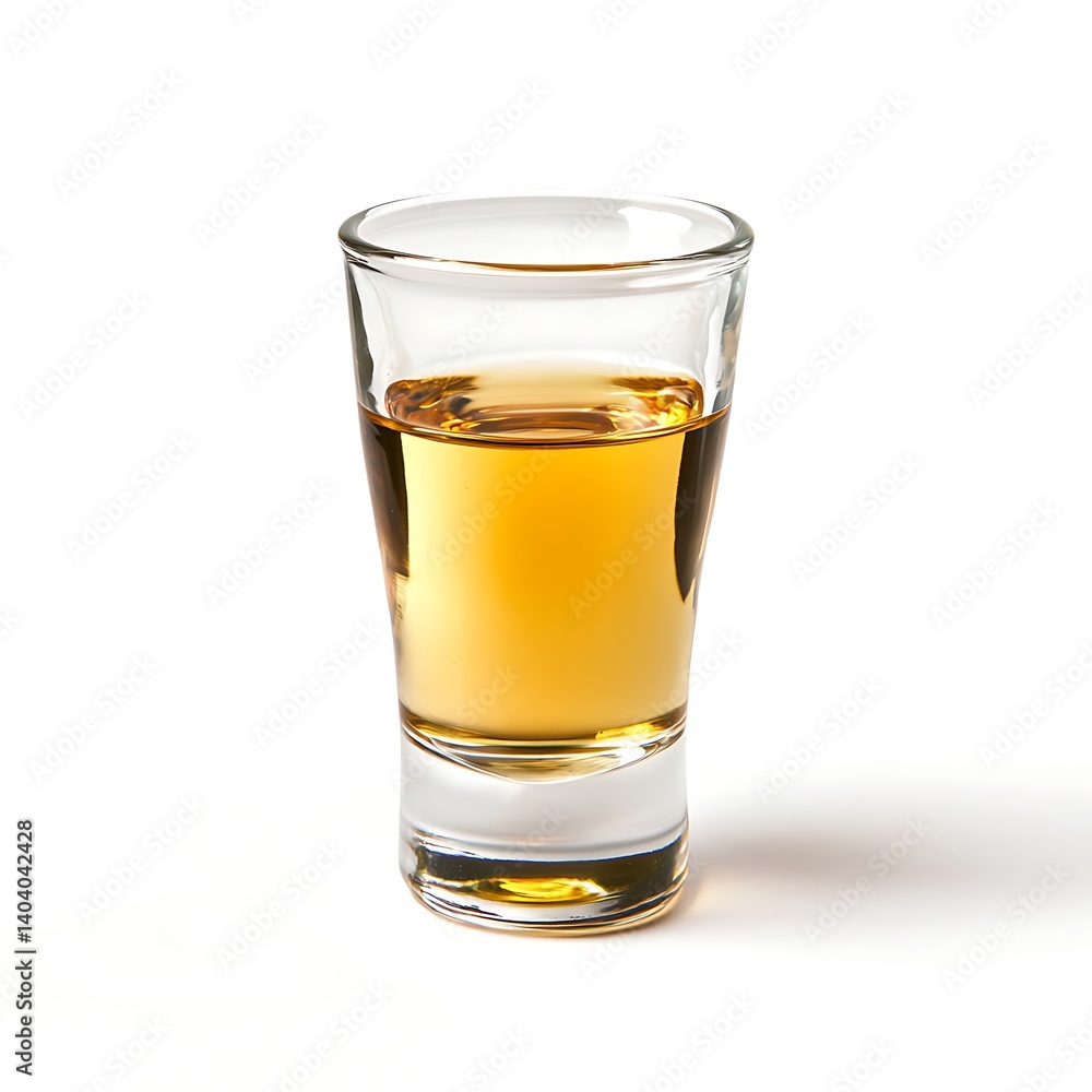 Clear shot glass filled with amber liquid isolated on white background Clear shot glass filled with amber liquid isolated on white background