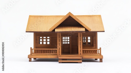 Wooden Cottage Model Against White Background. Possible Use Stock Photo photo