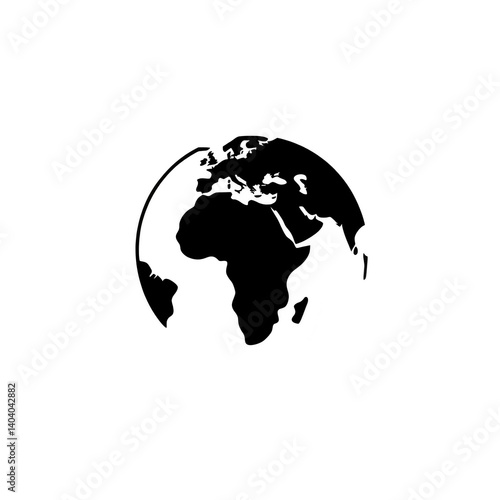 simple black and white illustration of globe showing Africa, Europe, and parts of Asia, with minimalist design. globe is centered and isolated on transparency background