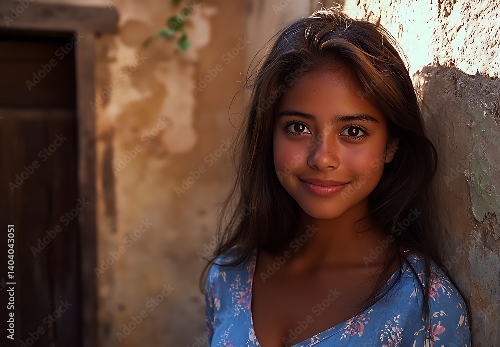 Fototapeta premium Smiling Young Girl with Long Hair Posing Against Rustic Wall