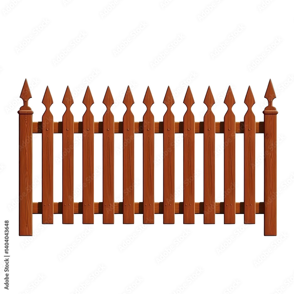 wooden picket fence with pointed tops stands upright, showcasing classic design. rich brown color and vertical slats create traditional and rustic appearance wooden picket fence with pointed tops stands upright, showcasing classic design. rich brown color and vertical slats create traditional and rustic appearance