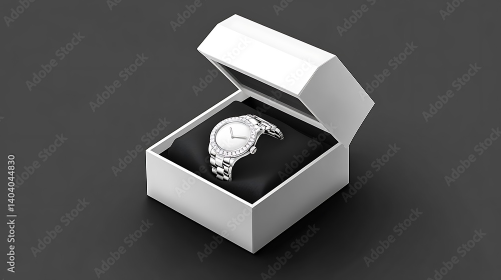 White watch box with silver watch, product presentation White watch box with silver watch, product presentation