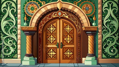 Elegant carved wooden door with decorative arch and ironwork