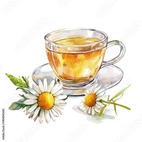 watercolor of Chamomile Next To A Cup Of Tea, vector, isolated on a white background.