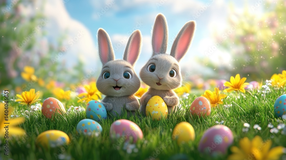 Fototapeta premium Easter sale offer with vibrant colors, Easter bunnies, and playful graphics