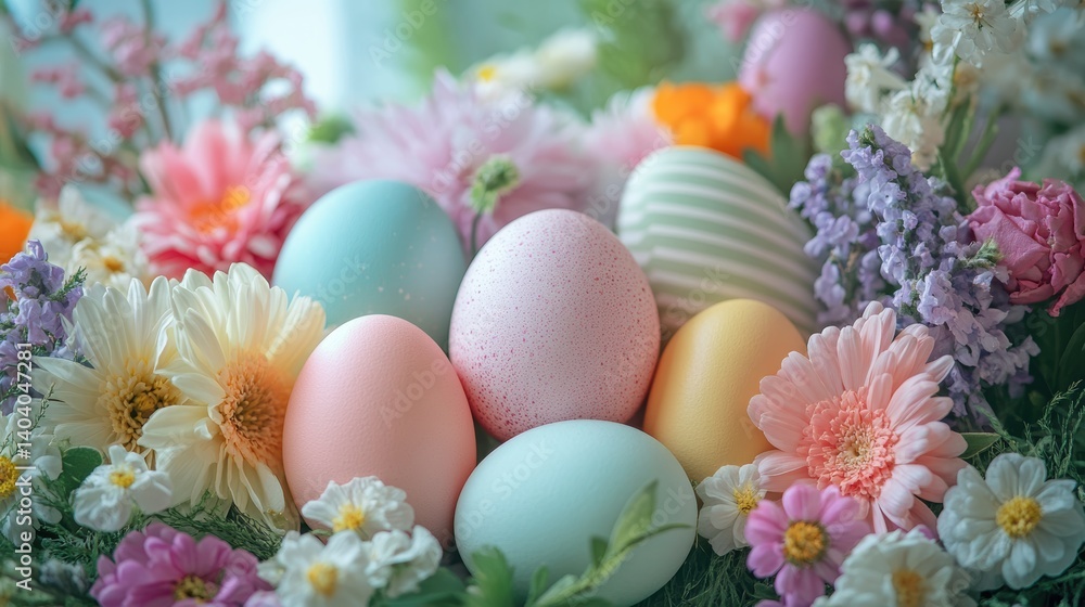 Easter egg display with creative designs including florals, stripes, and solid pastel colors Easter egg display with creative designs including florals, stripes, and solid pastel colors