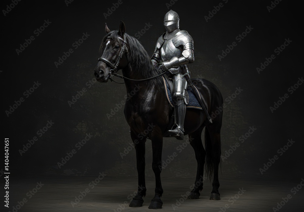Medieval knight in shining armor mounted on black horse against dark background. Historical warfare reenactment. Metal plate armor costume for Renaissance festival or theatrical performance. Medieval knight in shining armor mounted on black horse against dark background. Historical warfare reenactment. Metal plate armor costume for Renaissance festival or theatrical performance.