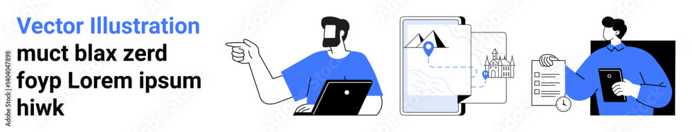 People working with laptops and documents, location pin on paper, clipboard with checklist. Ideal for teamwork, remote work, productivity, office tasks, planning, data analysis flat landing page People working with laptops and documents, location pin on paper, clipboard with checklist. Ideal for teamwork, remote work, productivity, office tasks, planning, data analysis flat landing page