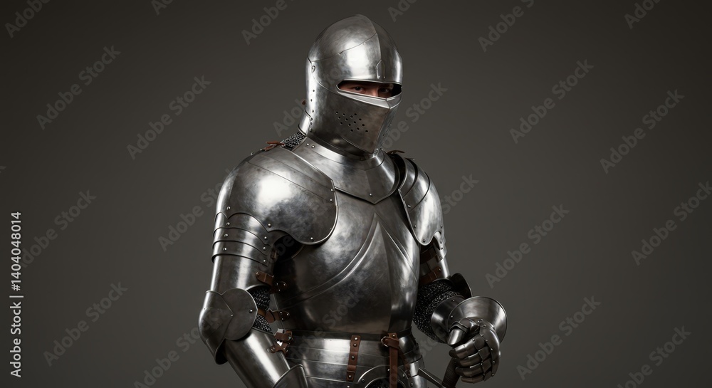 Medieval knight armor with closed helmet on dark background. Historic metal plate protection suit for battle. Authentic steel warrior equipment for historical reenactment events. Medieval knight armor with closed helmet on dark background. Historic metal plate protection suit for battle. Authentic steel warrior equipment for historical reenactment events.