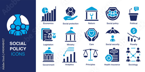 Social Policy icon set. Containing government, poverty, health insurance, legislation, social security, analytics and more. Solid vector icons collection. Vector illustration.