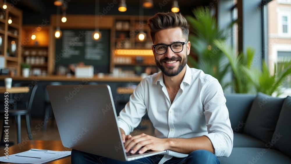 Bespectacled male IT developer working on laptop in modern cafe during daytime Bespectacled male IT developer working on laptop in modern cafe during daytime