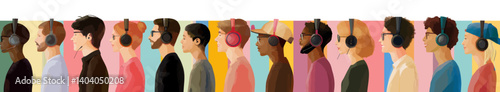 Figures of various individuals set against a backdrop of contemporary colour schemes