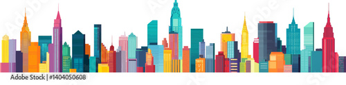 Illustration of a big city skyline in 2D with modern flat colors