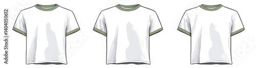 Technical fashion illustration of a Cropped T-Shirt, featuring a unisex crop top template with front and back views in white and green