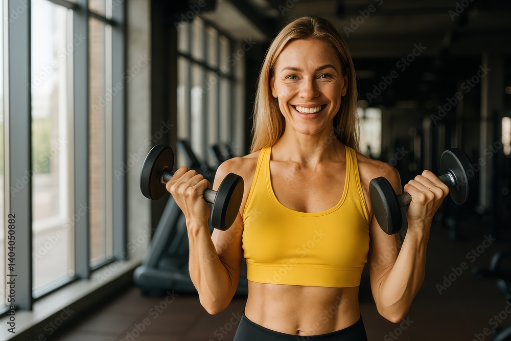 A smiling blonde woman exercises with dumbbells in a modern gym. Concept of: Physical fitness. A smiling blonde woman exercises with dumbbells in a modern gym. Concept of: Physical fitness.
