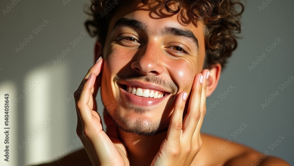 Vibrant young man smiling brightly with hands on face in soft natural light indoors Vibrant young man smiling brightly with hands on face in soft natural light indoors