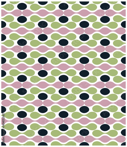 A geometric pattern featuring alternating rows of dark circles and wavy shapes in pastel pink, green, and black on a white background.

