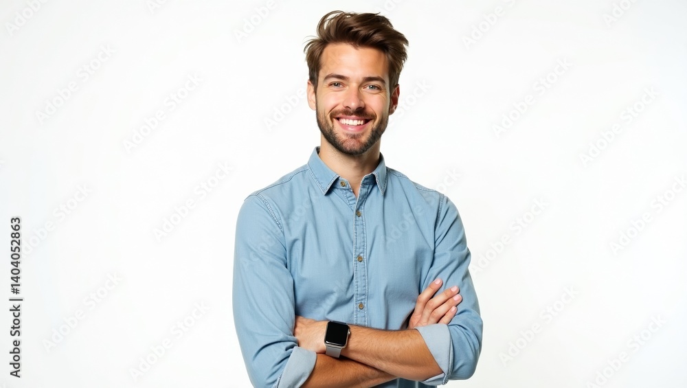 Cheerful young man with a bright smile standing confidently with arms crossed in casual attire indoors Cheerful young man with a bright smile standing confidently with arms crossed in casual attire indoors