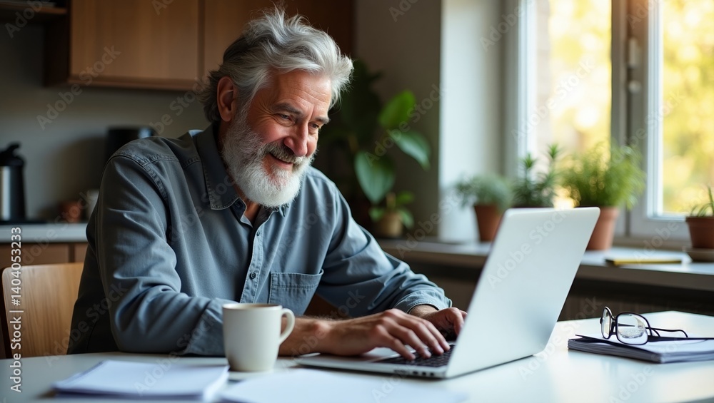Warm and friendly senior man using laptop in cozy kitchen, enjoying a cup of coffee during a sunny afternoon Warm and friendly senior man using laptop in cozy kitchen, enjoying a cup of coffee during a sunny afternoon
