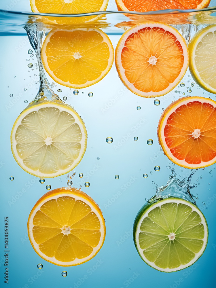 Slices of Citrus Fruits in Water with Bubbles Slices of Citrus Fruits in Water with Bubbles