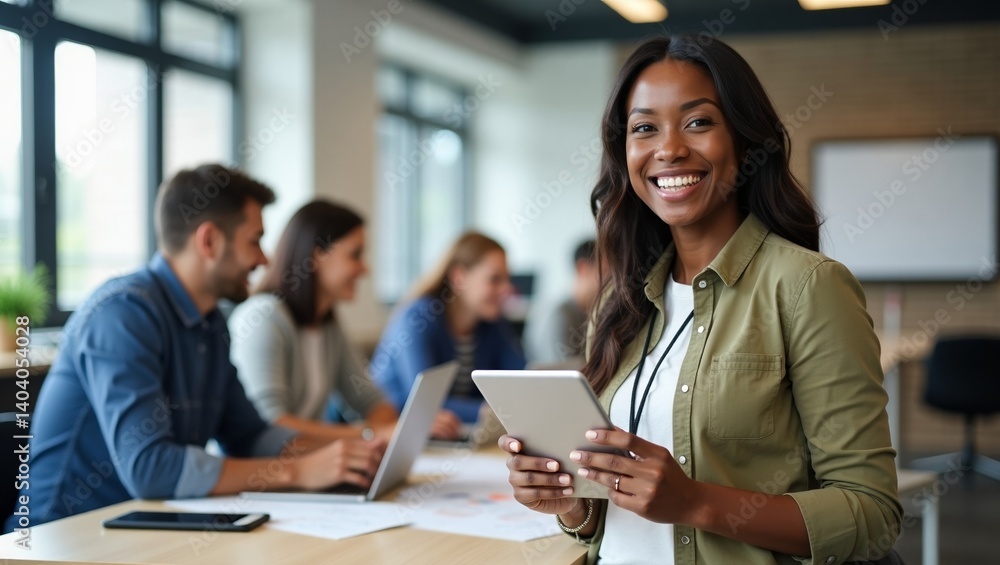 Fototapeta premium Smiling African American woman team leader engages with colleagues in a modern office during a collaborative project meeting
