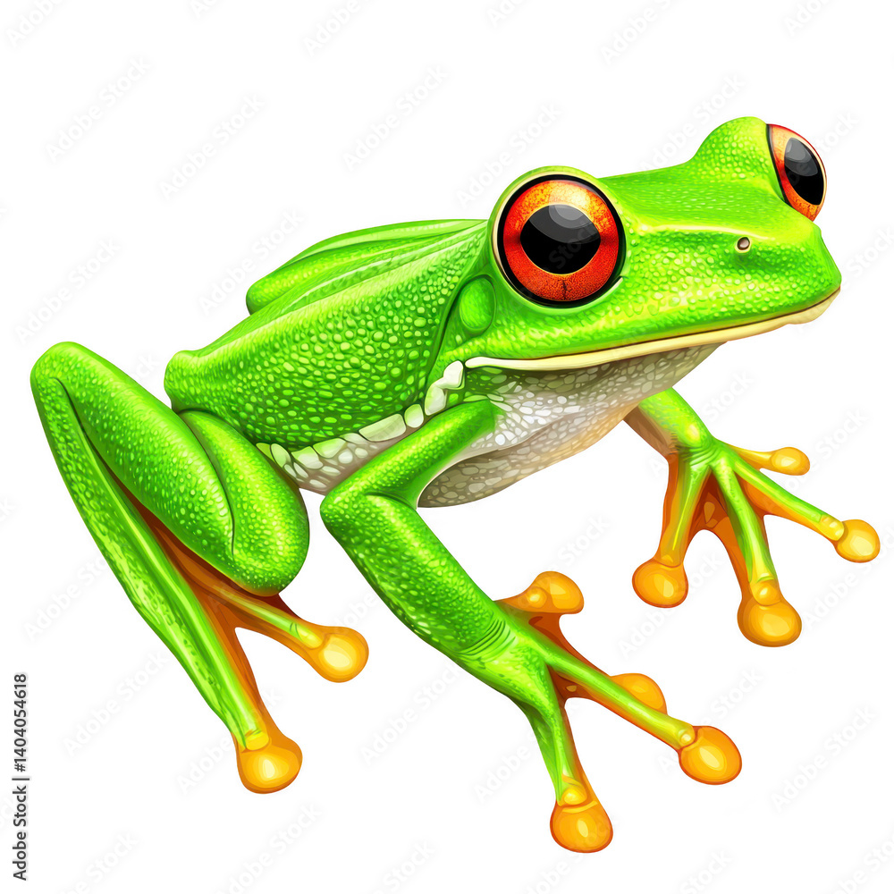 Obraz premium vibrant green tree frog with striking red eyes and orange webbed feet is depicted in realistic style. frog textured skin and alert posture convey sense of liveliness and curiosity
