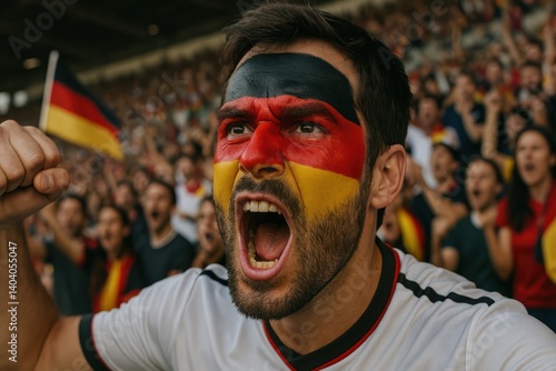 Passionate German soccer fan with face paint screams in support at the stadium. Concept of: National sports fervor.