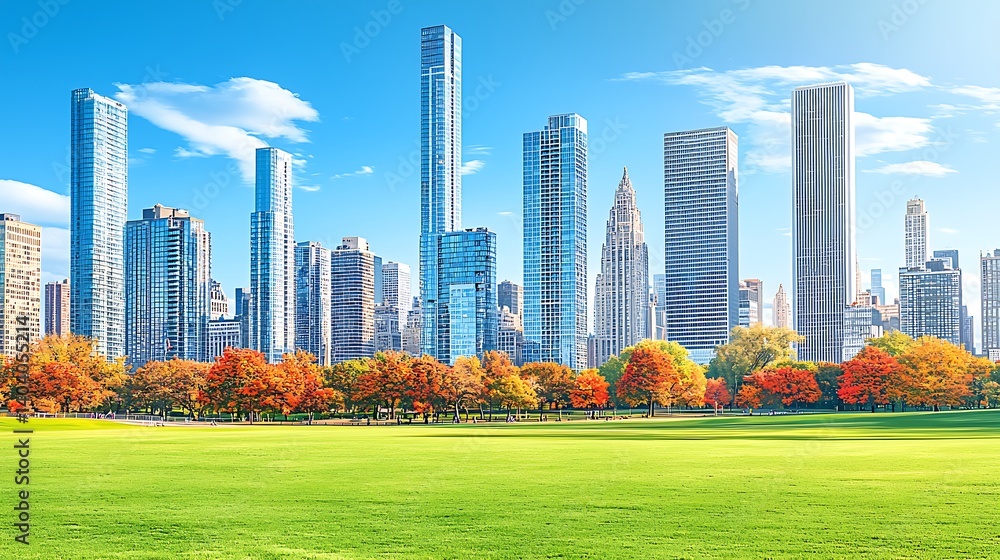 Obraz premium Vibrant Urban Skyline with Modern Skyscrapers and Autumn Trees