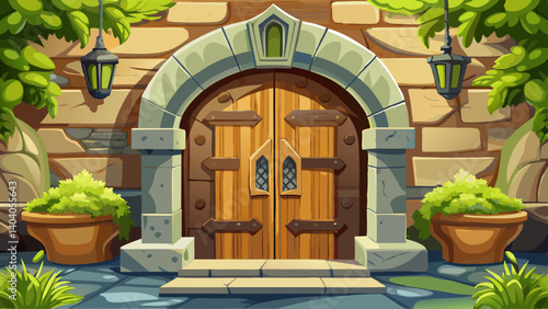 Imposing wooden door and stone arch entrance of an ancient building