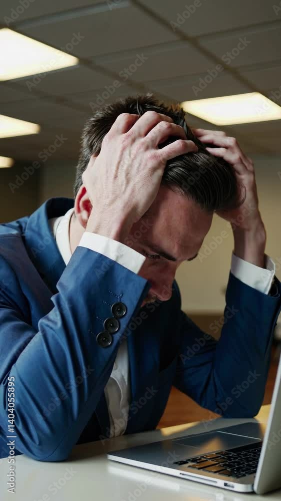 custom made wallpaper toronto digitalA businessman in a blue suit, sitting at his desk with a frustrated and exhausted expression.