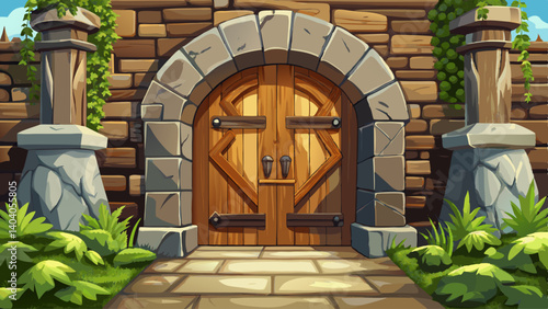 Imposing wooden door and stone arch entrance of an ancient building