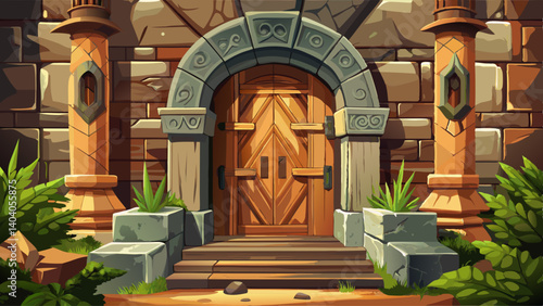 Imposing wooden door and stone arch entrance of an ancient building