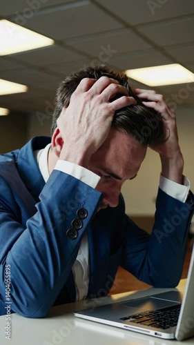 A businessman in a blue suit, sitting at his desk with a frustrated and exhausted expression.
