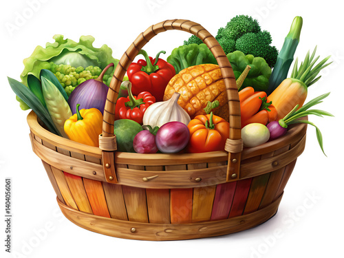 Wooden Basket Brimming with Colorful Vegetables on an Isolated White Background