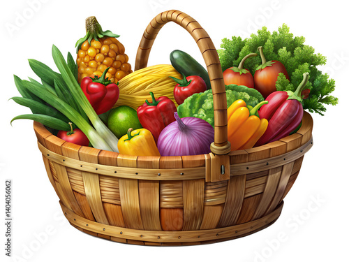Wooden Basket Brimming with Colorful Vegetables on an Isolated White Background